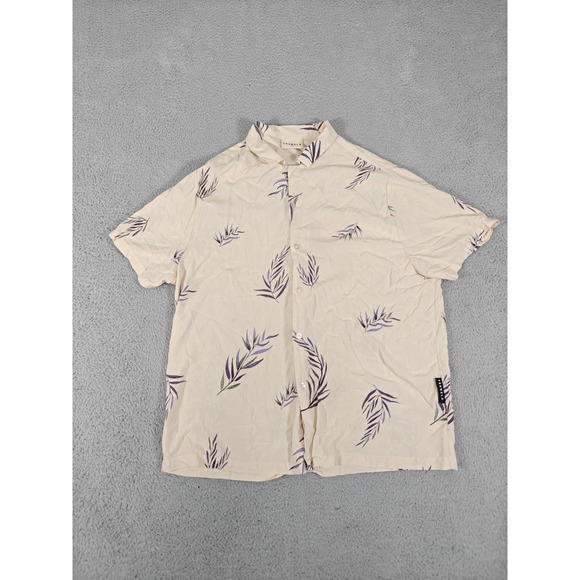YoungLA Shirt Mens Large Beige Mandarin Collar Short Sleeve Leaf Print L4283 - Picture 1 of 11